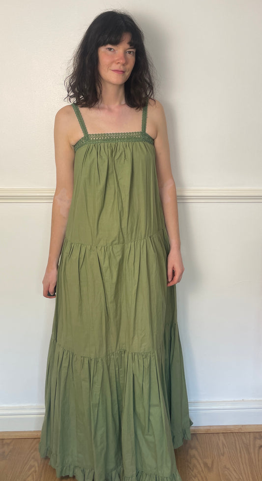 Vintage 70s Handmade Khaki Green Crochet Trim Tiered Maxi Dress - Size 10