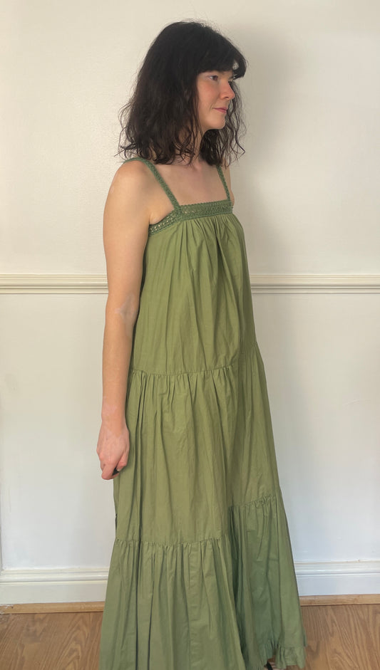 Vintage 70s Handmade Khaki Green Crochet Trim Tiered Maxi Dress - Size 10