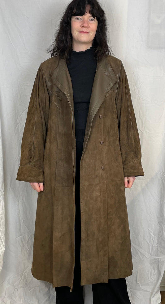 Vintage 80s Long Brown Suede Leather Coat with Belt - Up To Size 12