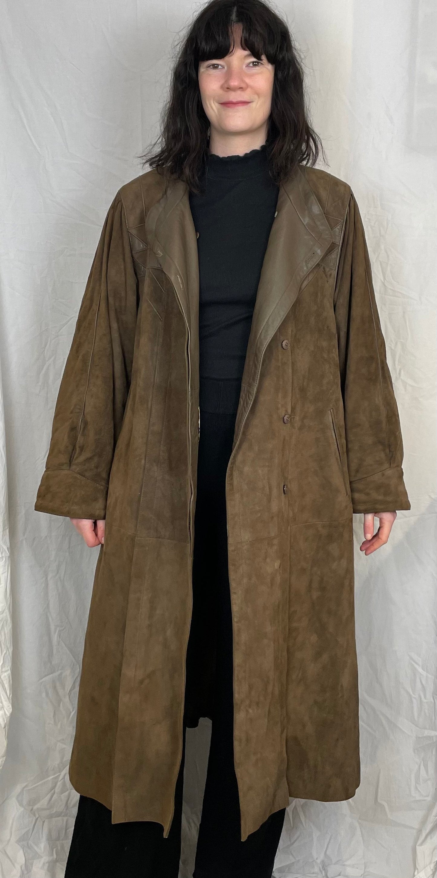 Vintage 80s Long Brown Suede Leather Coat with Belt - Up To Size 12