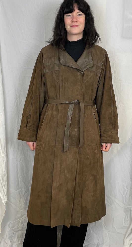 Vintage 80s Long Brown Suede Leather Coat with Belt - Up To Size 12