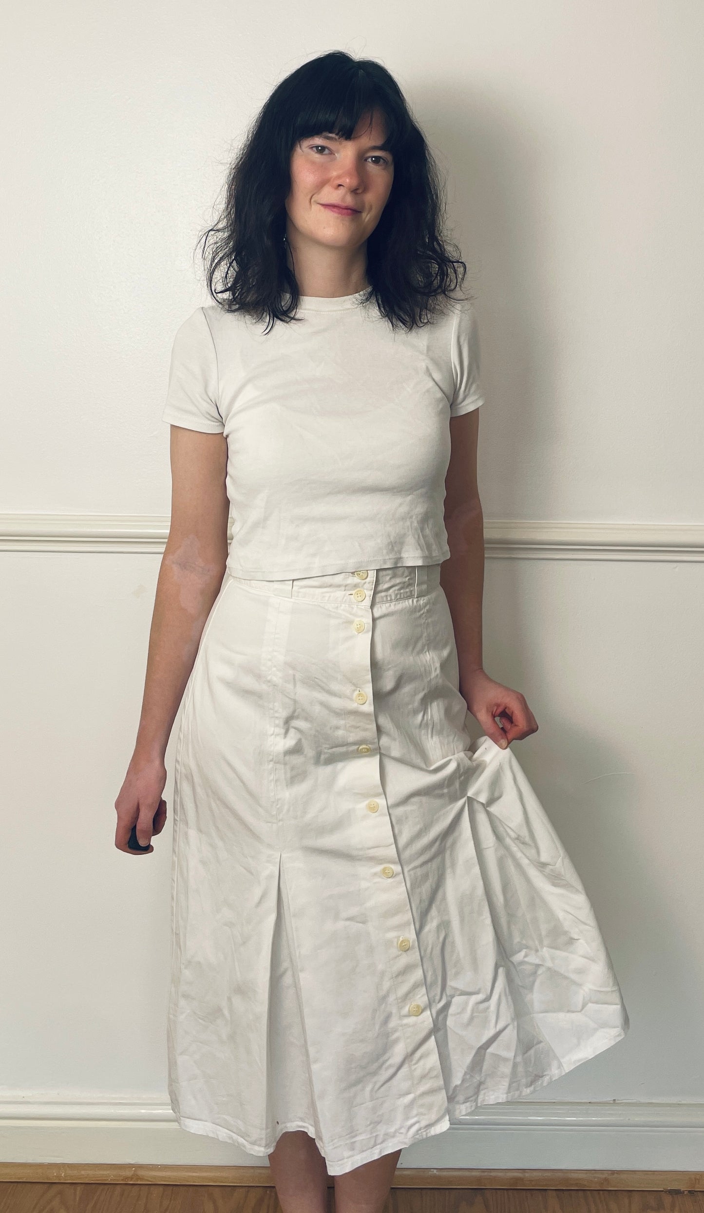 Vintage 80s White Button Pleated Midi Skirt - Size 10