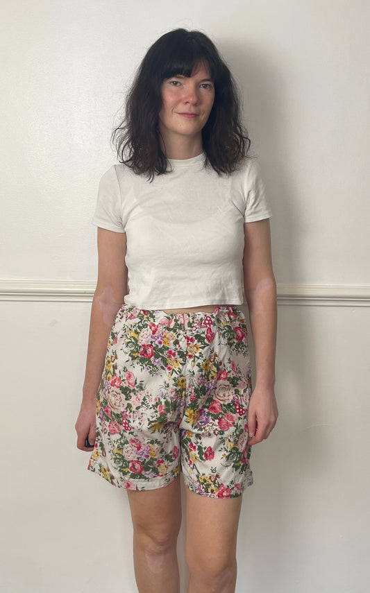 Vintage 90s Pink Floral Cotton Elasticated Shorts - Size 10