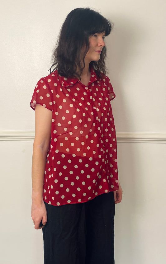 Vintage 90s Red Polka Dot Sheer Short Sleeve Shirt - Size 16