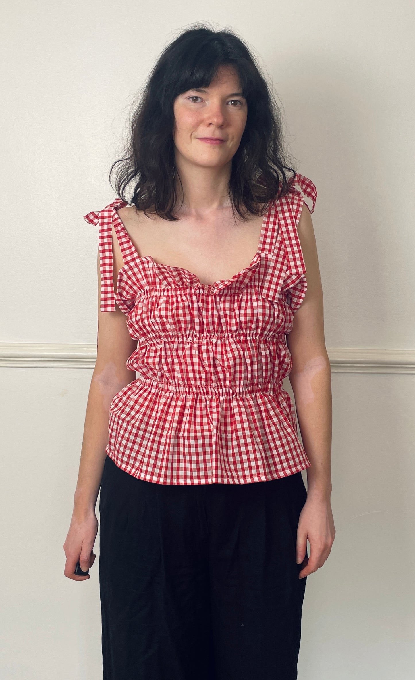 Handmade Red Gingham Cotton Shirred Smocked Tie Shoulder Crop Top - Size 14