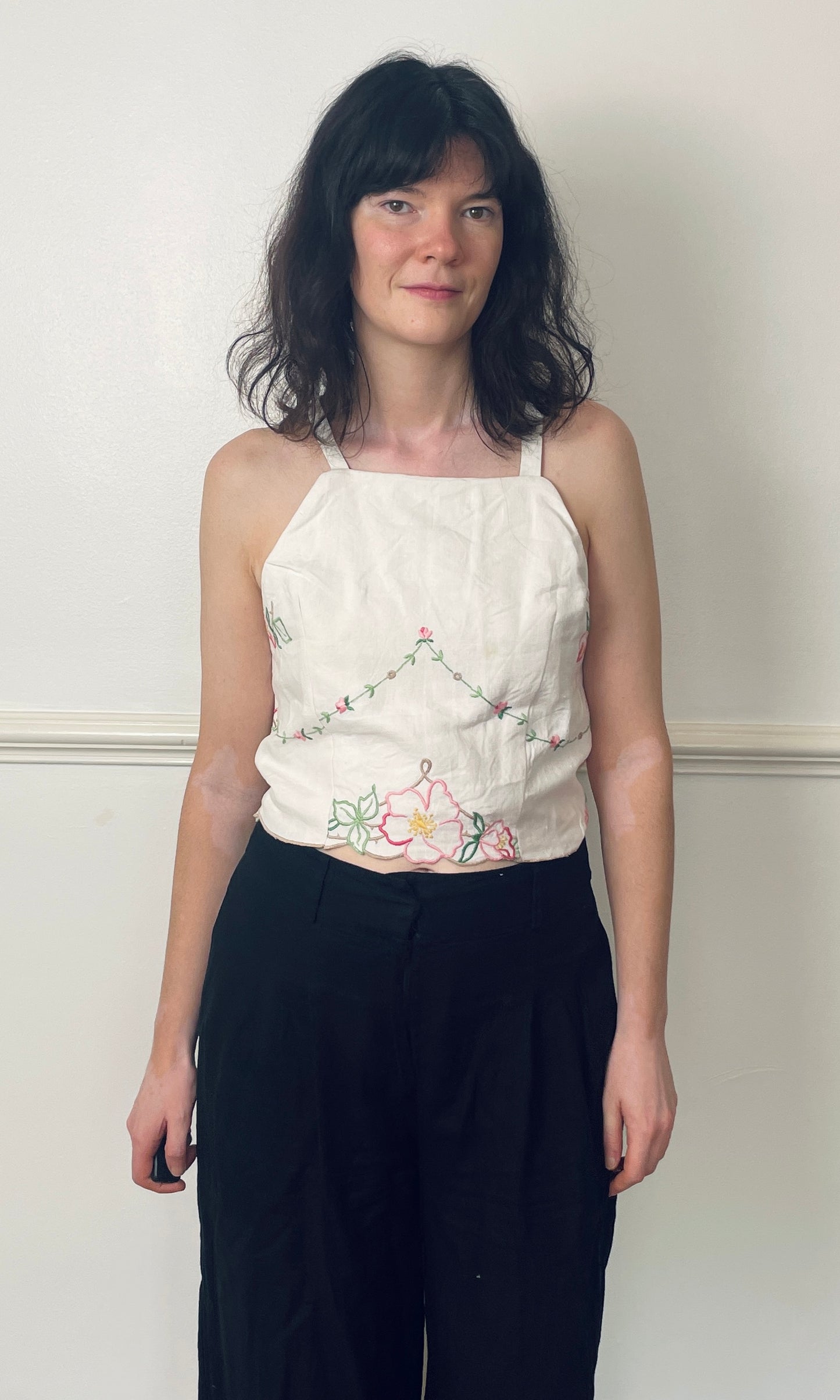 Handmade White Linen Pink Floral Embroidered Cross Strap Tie Back Crop Top - Size 12