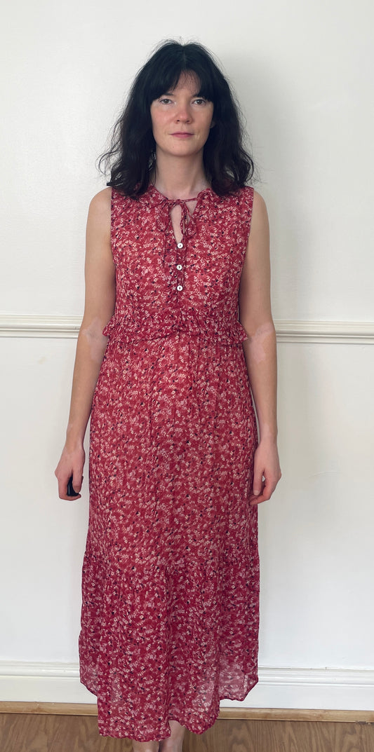 Vintage Y2K Pink Floral Tiered Maxi Dress with Ruffle Collar - Size 12