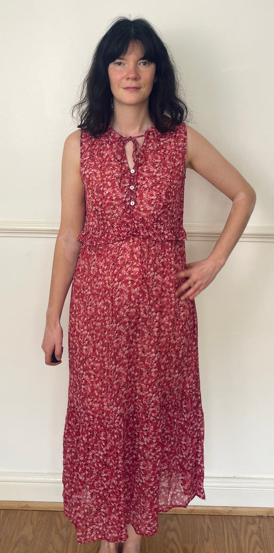 Vintage Y2K Pink Floral Tiered Maxi Dress with Ruffle Collar - Size 12