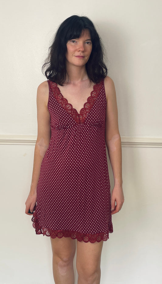 Vintage Y2K Burgandy Lace Trim Printed Jersey Mini Dress - Size 10