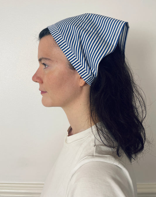 Handmade Navy Blue Striped Cotton Head Scarf Bandana
