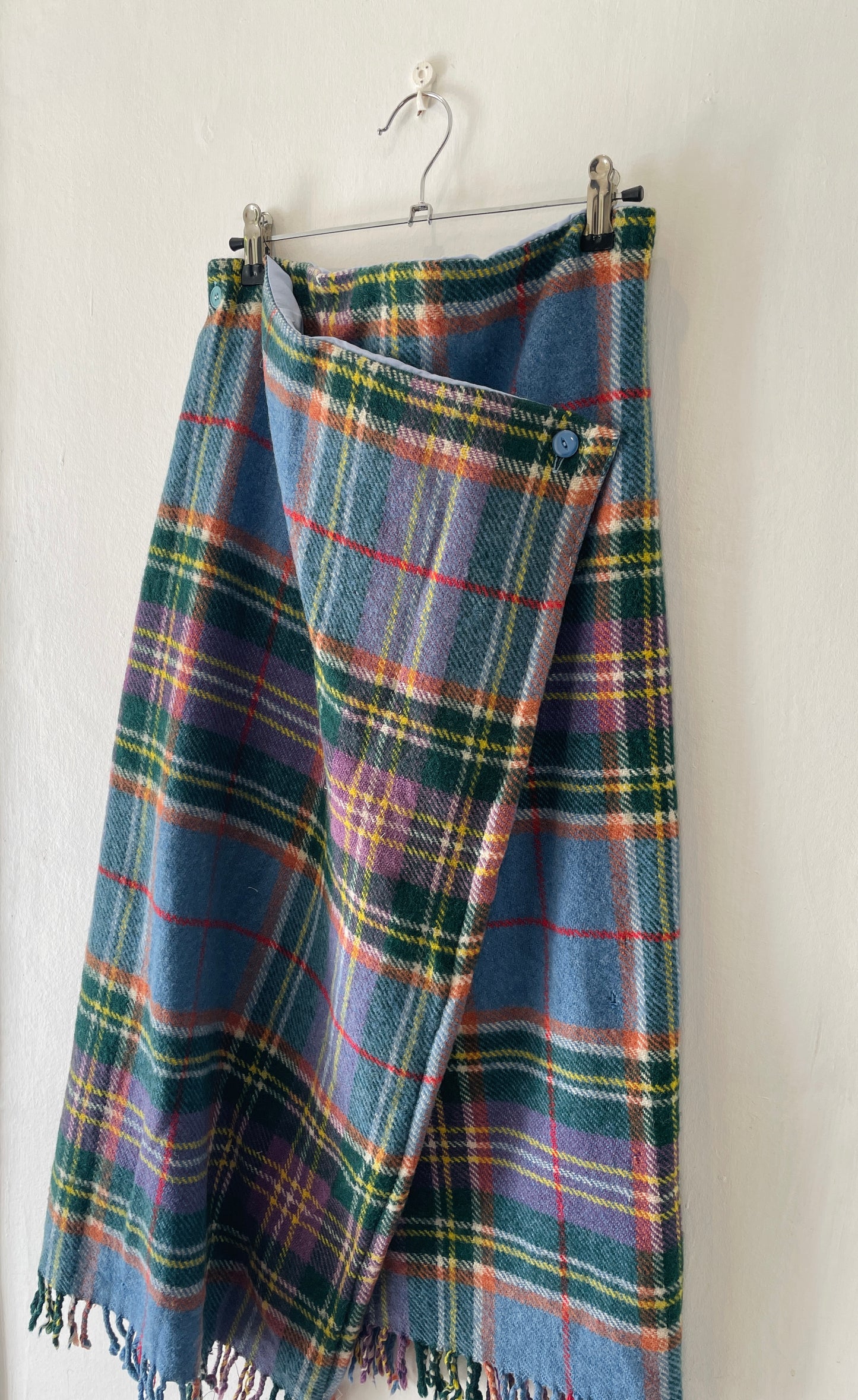 Bonnie Handmade Blue Wool Checked Asymmetric Maxi Skirt - Size 12