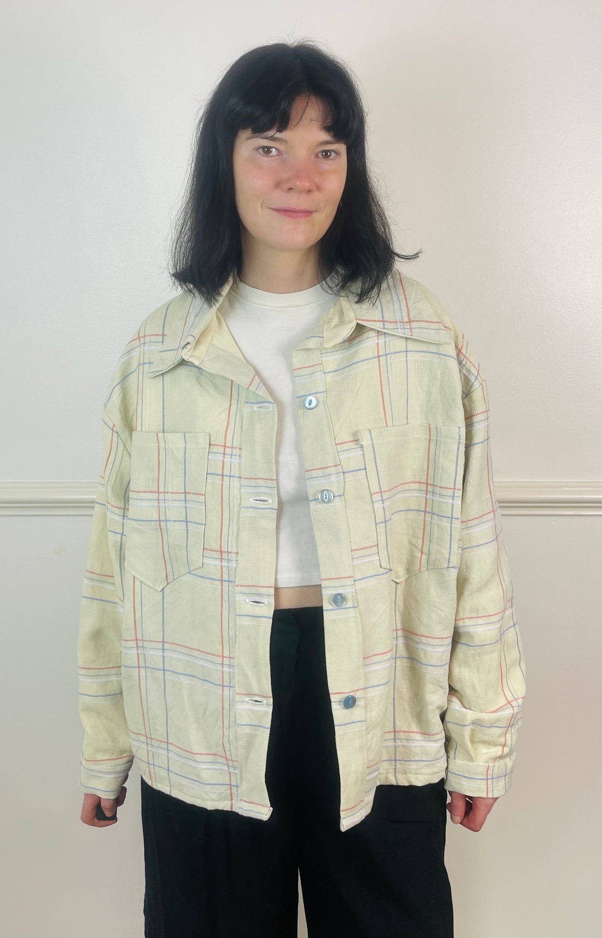Handmade Yellow and Blue Checked Cotton Unisex Boxy Shirt Jacket - Size 16