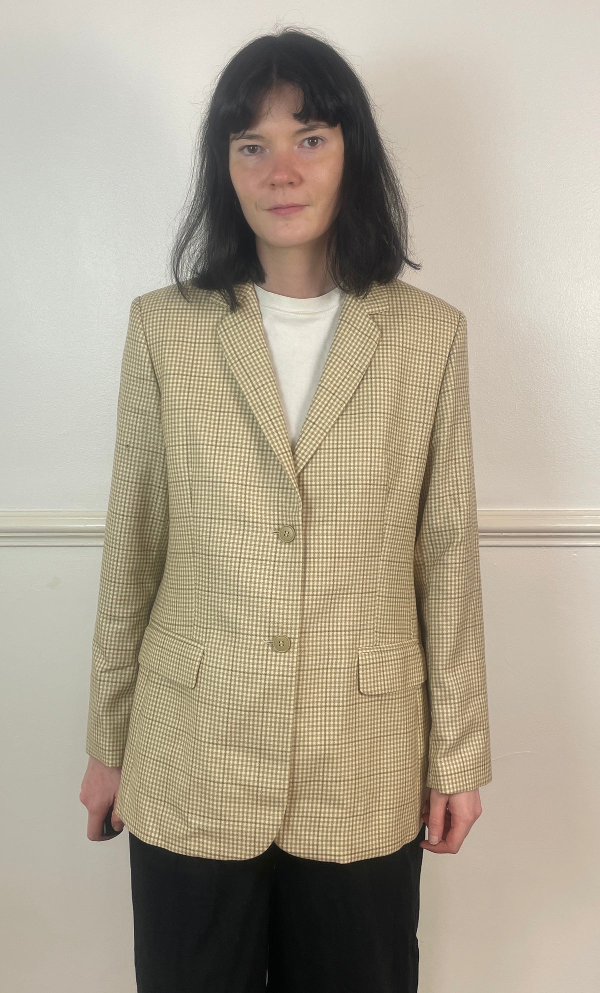 Vintage 90s Beige and White Gingham Long Wool Blazer Jacket - Size 14