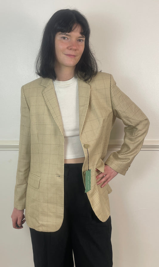 Vintage 90s Beige and White Gingham Long Wool Blazer Jacket - Size 14