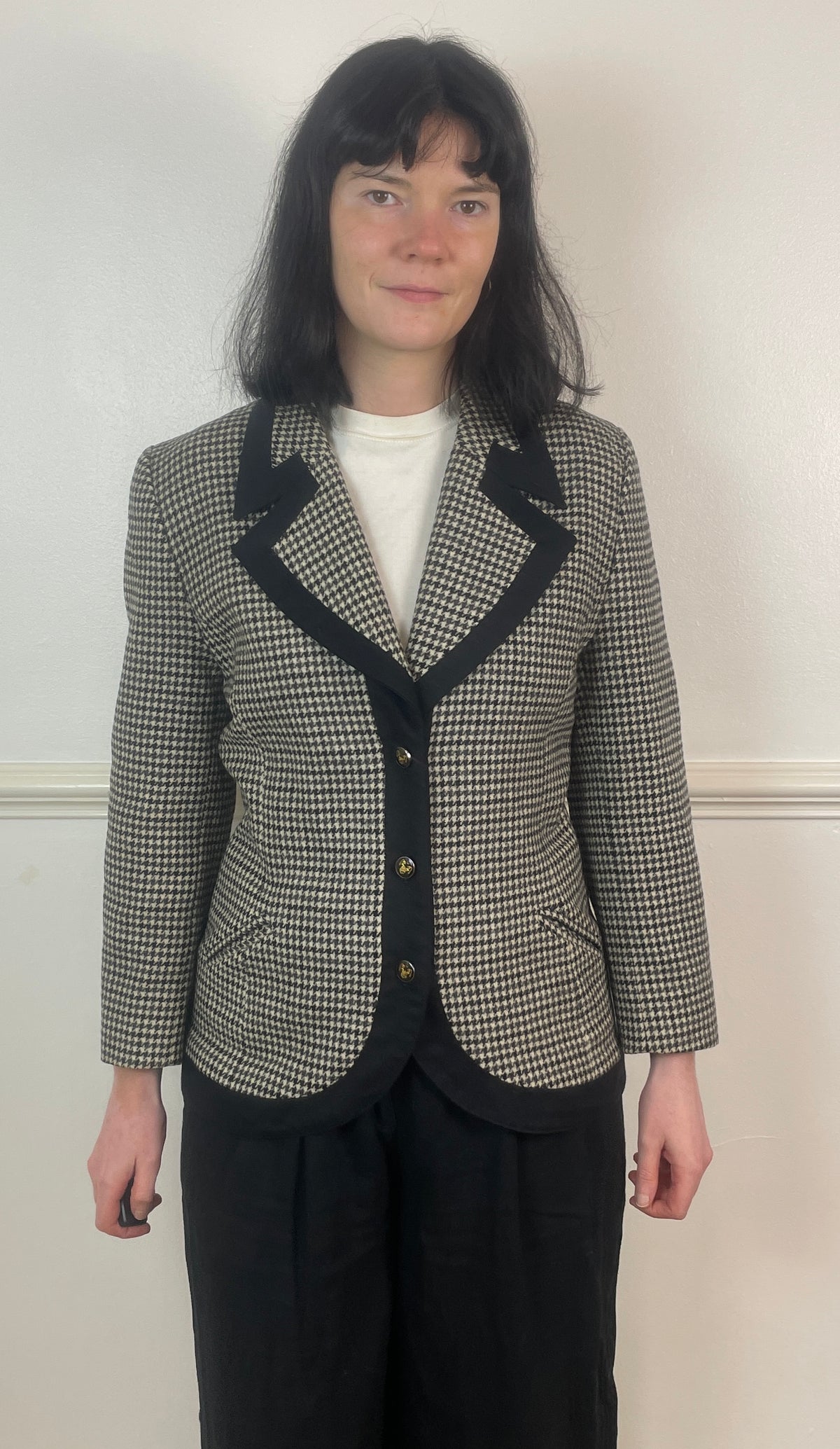 Vintage 80s Black and White Fitted Cropped Houndstooth Blazer Jacket - Size 10