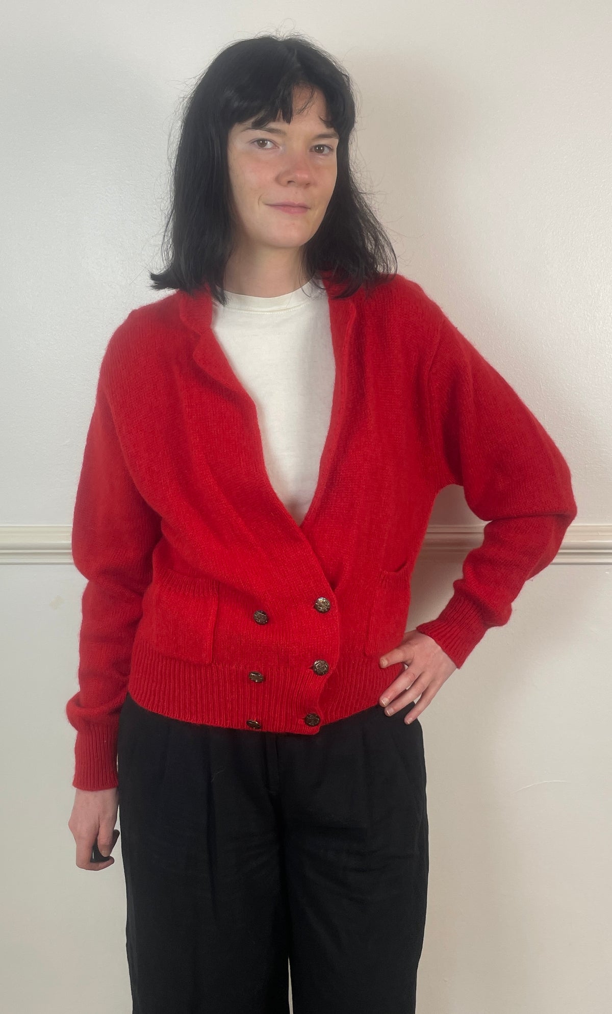 Vintage 80s Red Wool V-Neck Double Breasted Knitted Cardigan - Size 10