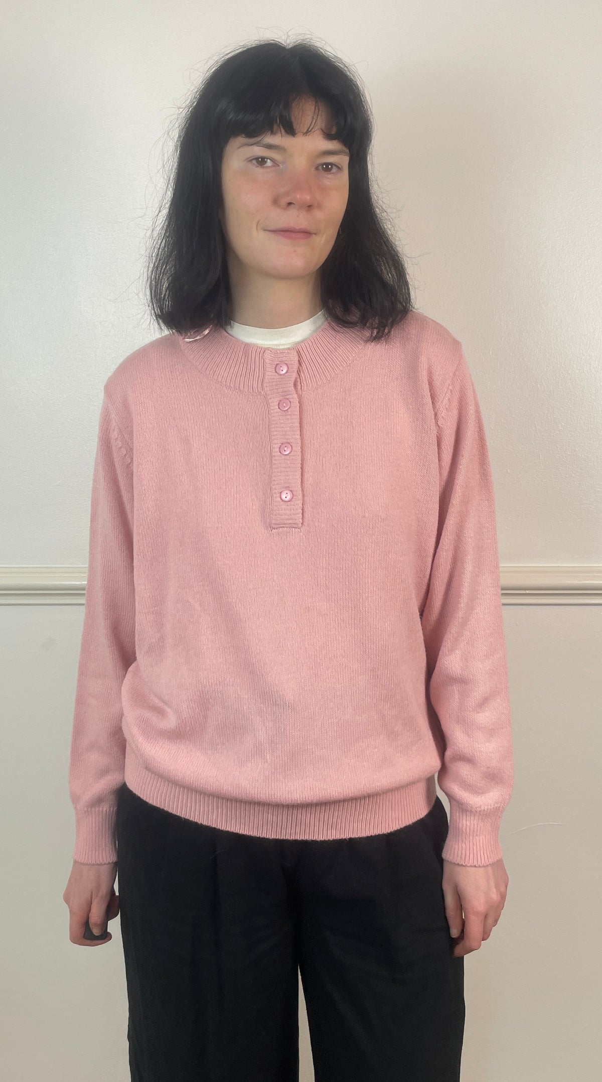 Vintage 90s Pale Pink Henley Neck Knitted Jumper - Size 12/14