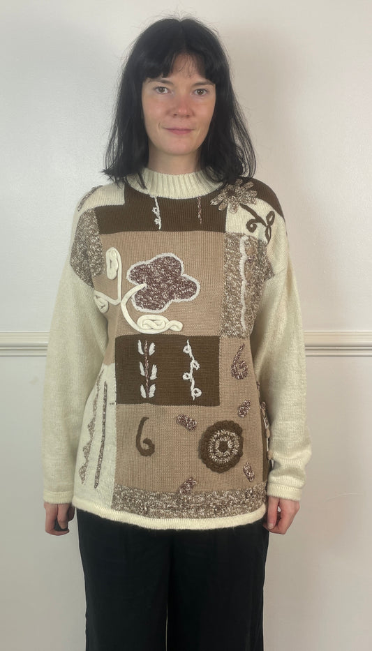 Vintage 90s Brown Knitted Floral Applique Jumper - Size 12/14