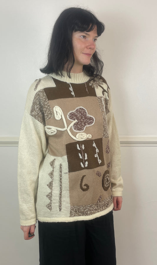 Vintage 90s Brown Knitted Floral Applique Jumper - Size 12/14