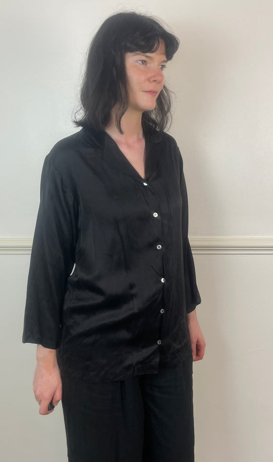 Vintage 90s Black Silk Satin Revere Collar Shirt - Size 10