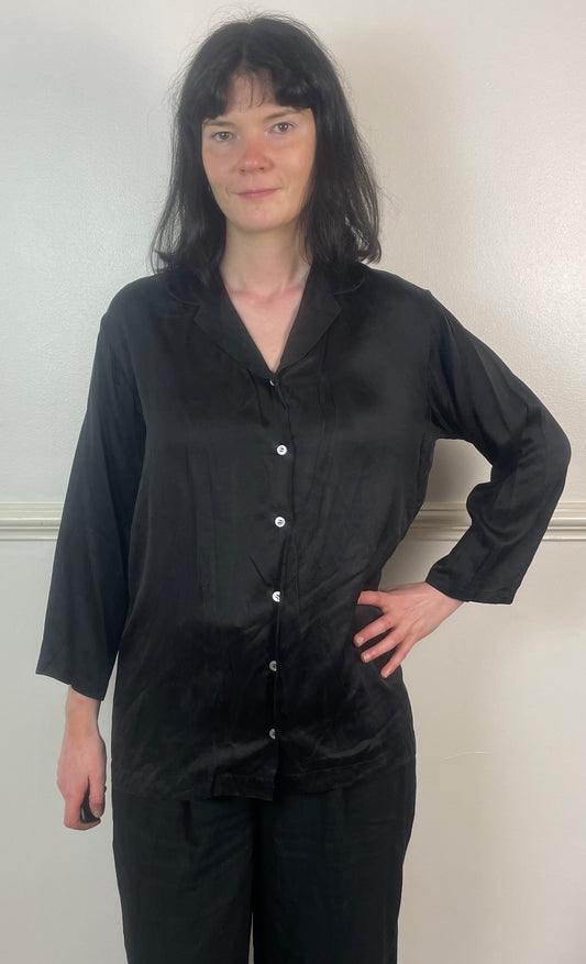 Vintage 90s Black Silk Satin Revere Collar Shirt - Size 10