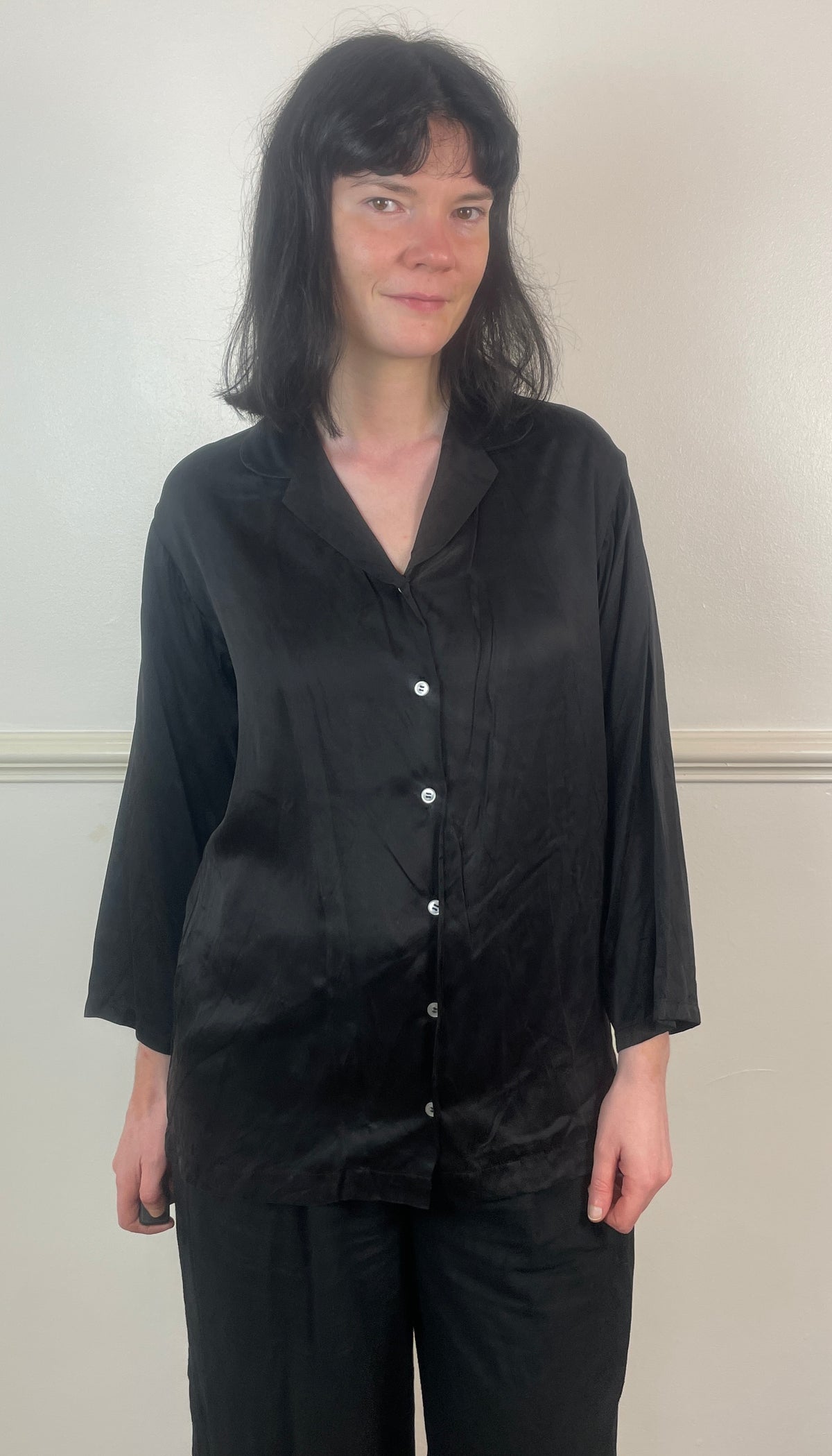 Vintage 90s Black Silk Satin Revere Collar Shirt - Size 10