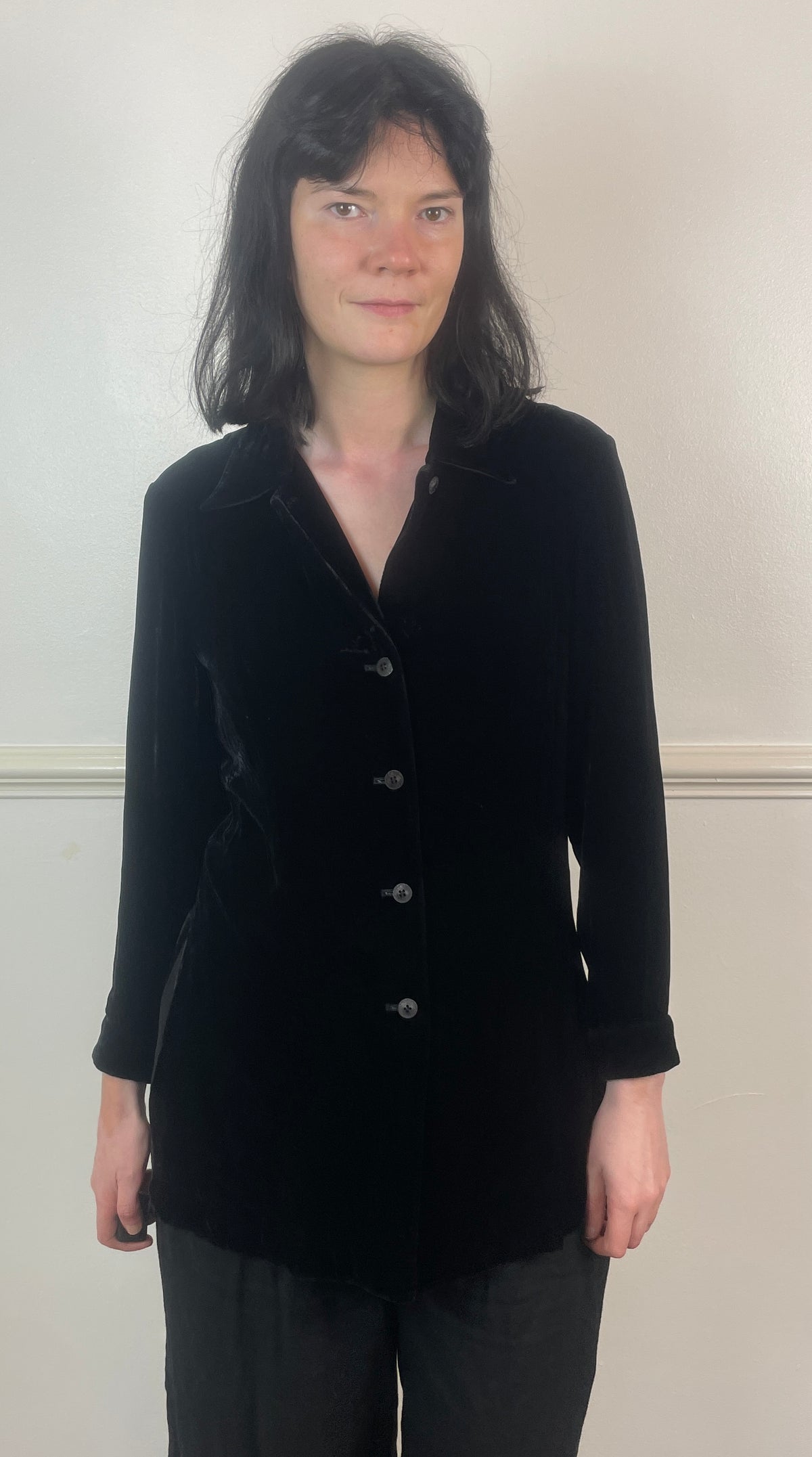 Vintage 90s Black Velvet Revere Collar Shirt - Size 10
