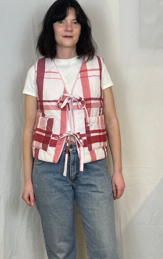 Zoe Handmade Pink Checked Tie Front Quilted Vest Gilet - Up To Size 10