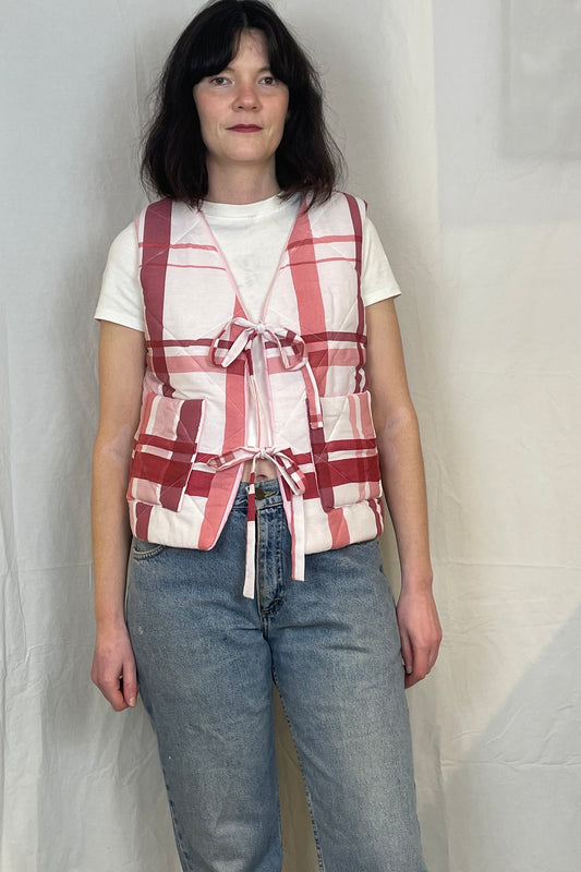 Zoe Handmade Pink Checked Tie Front Quilted Vest Gilet - Up To Size 10