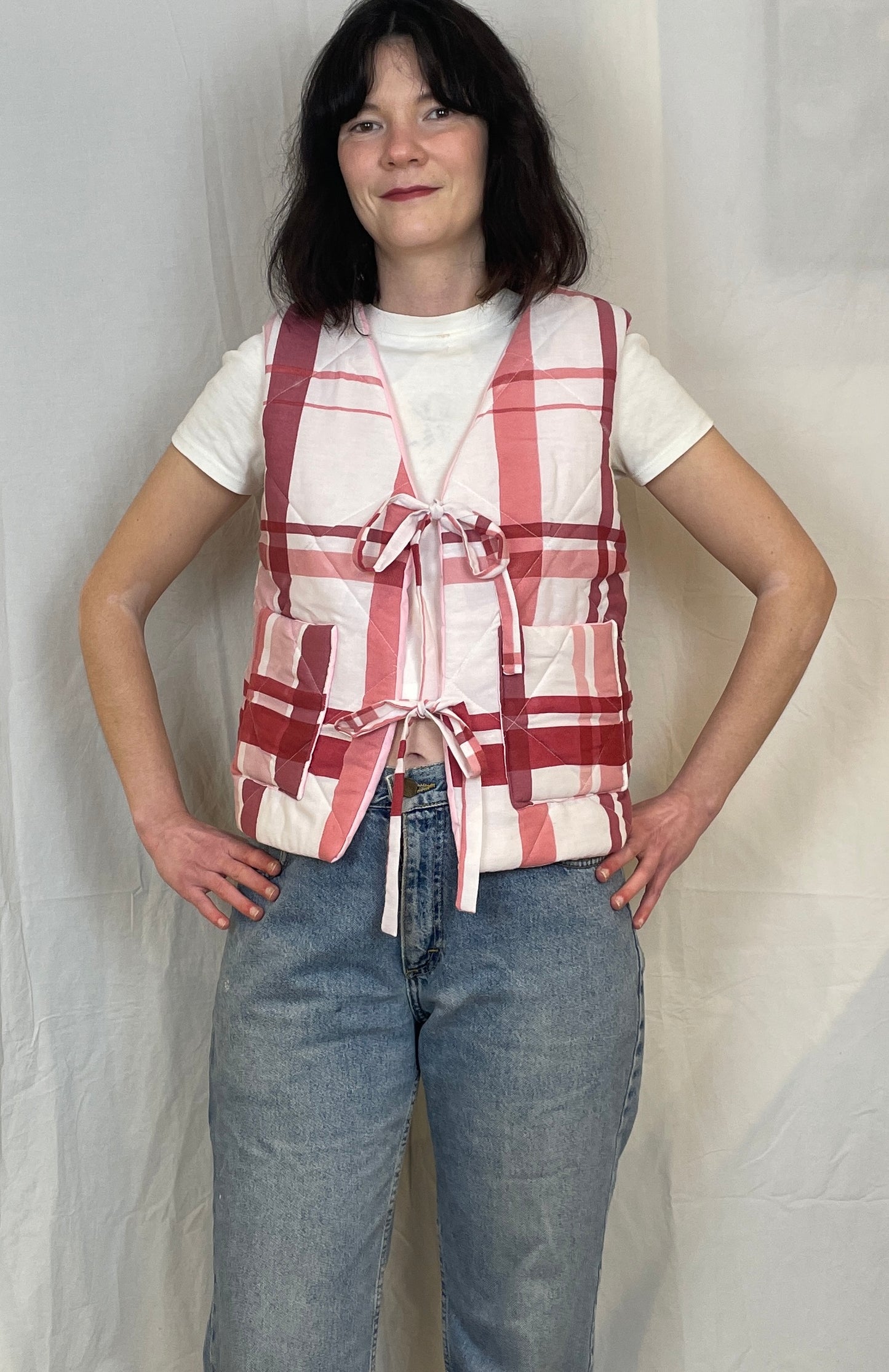 Zoe Handmade Pink Checked Tie Front Quilted Vest Gilet - Up To Size 10
