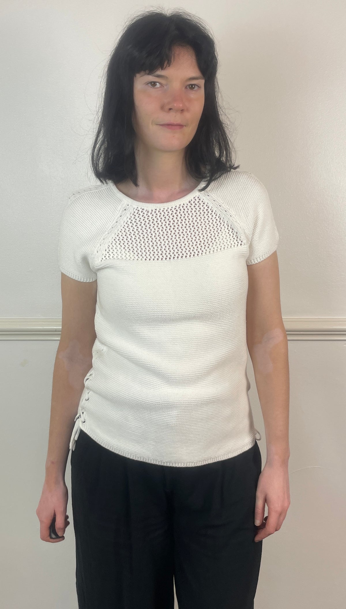 Vintage 90s White Cotton Open Knitted T-Shirt - Size 10
