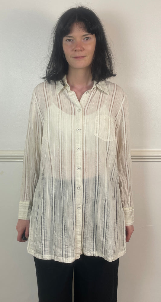 Vintage 90s White Striped Sheer Collared Shirt - Size 14