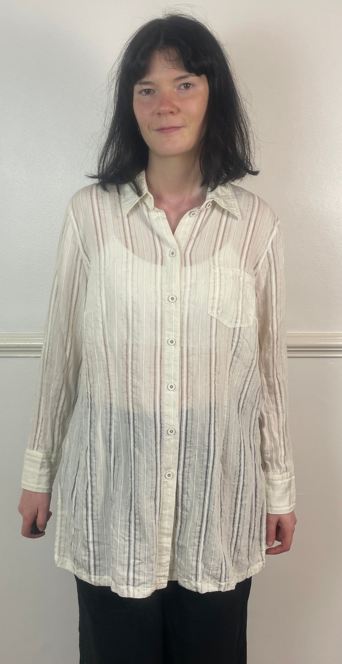 Vintage 90s White Striped Sheer Collared Shirt - Size 14