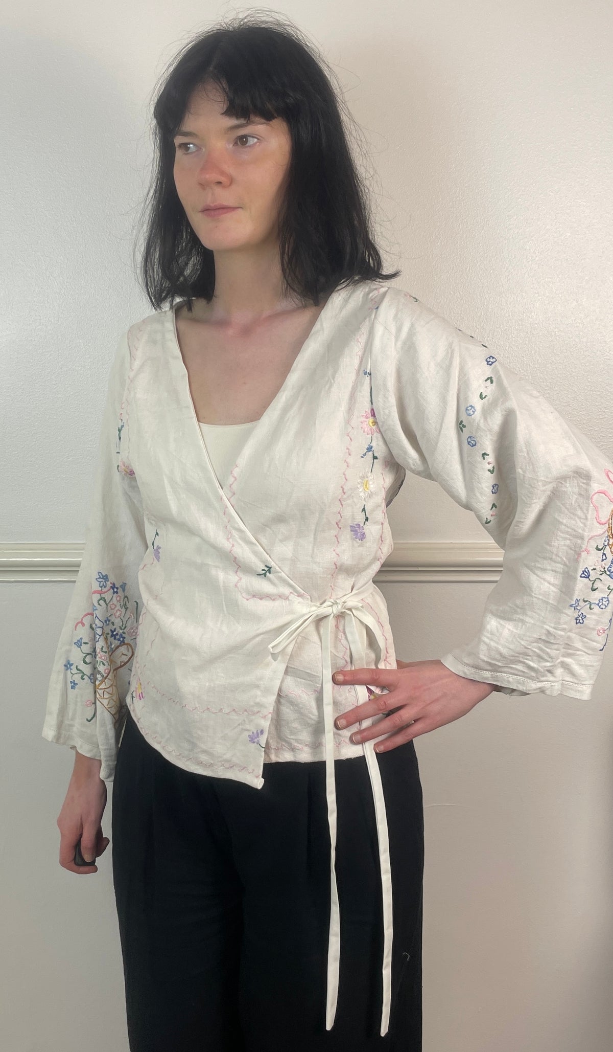 Handmade White Linen Floral Embroidered Tie Waist Wrap Top - Size 10
