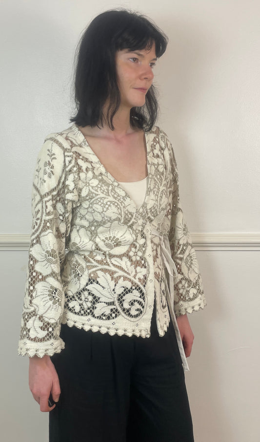 Handmade White and Grey Lace Wrap Tie Waist Top - Size 8