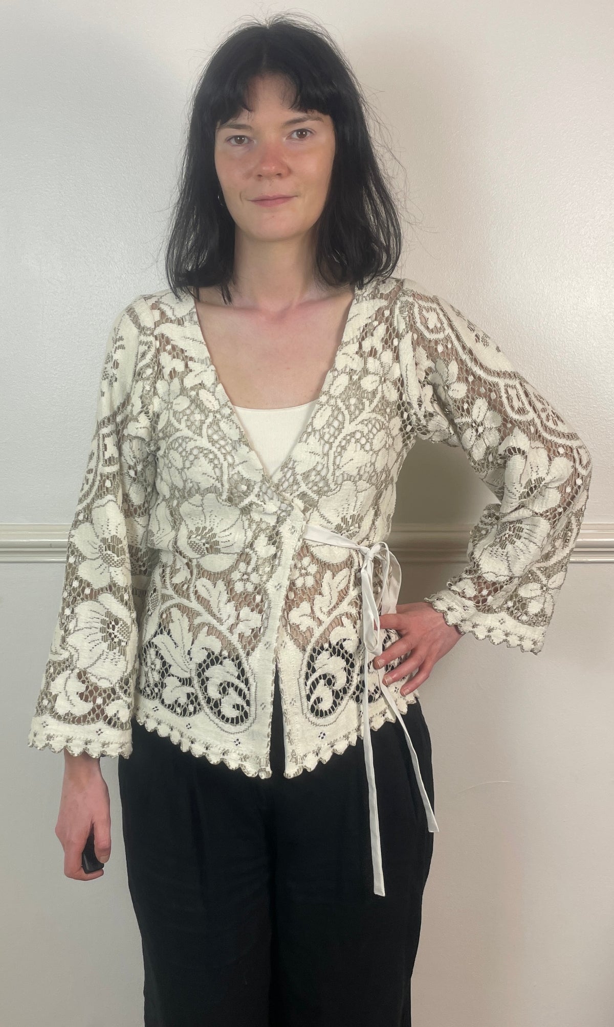 Handmade White and Grey Lace Wrap Tie Waist Top - Size 8