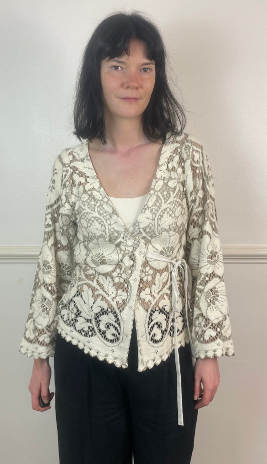 Handmade White and Grey Lace Wrap Tie Waist Top - Size 8