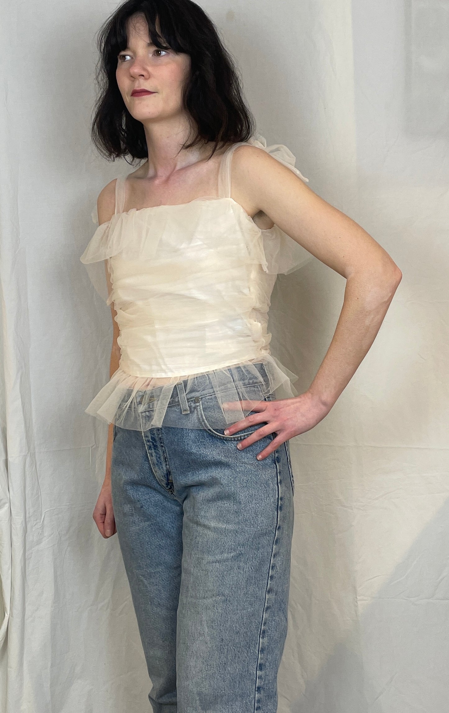 Gloria Handmade White Tulle Ruched Top with Lace Up Back - Up To Size 12