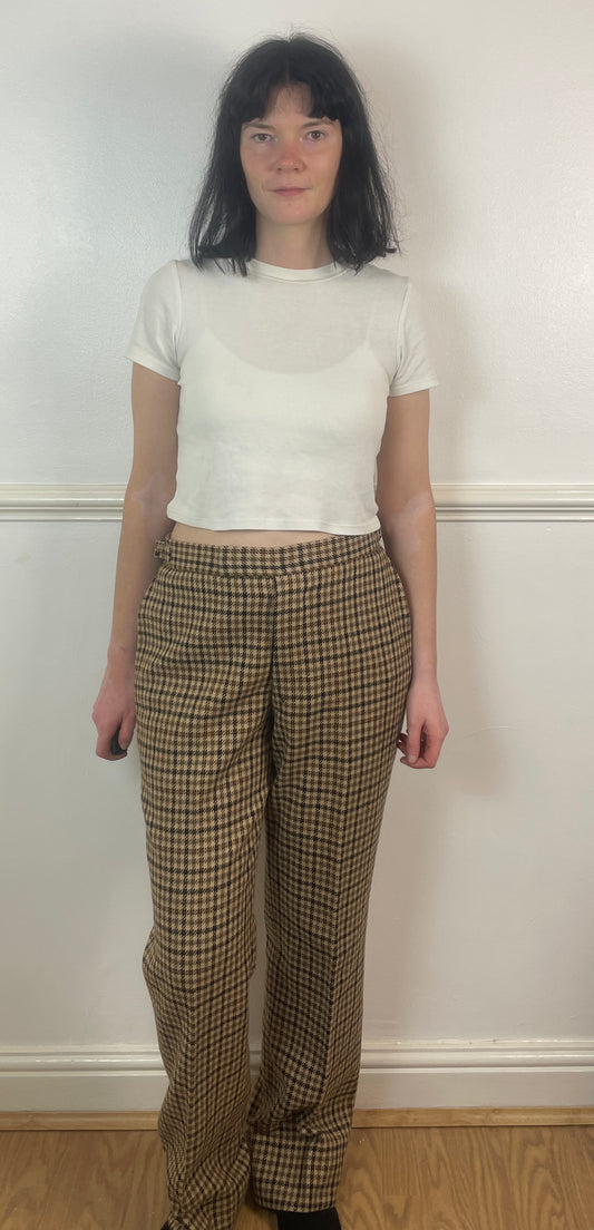 Vintage 80s Brown Houndstooth Wool Tailored Straight Leg Trousers - Size 12