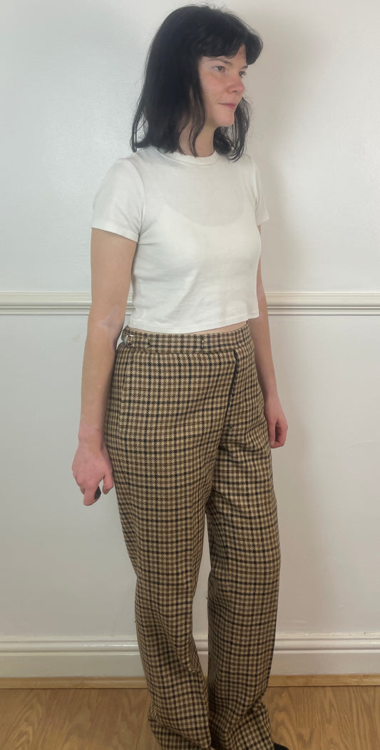 Vintage 80s Brown Houndstooth Wool Tailored Straight Leg Trousers - Size 12