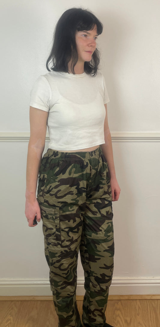 Vintage 90s Green and Brown Camouflage Elastic Waist Cargo Trousers - Size 10