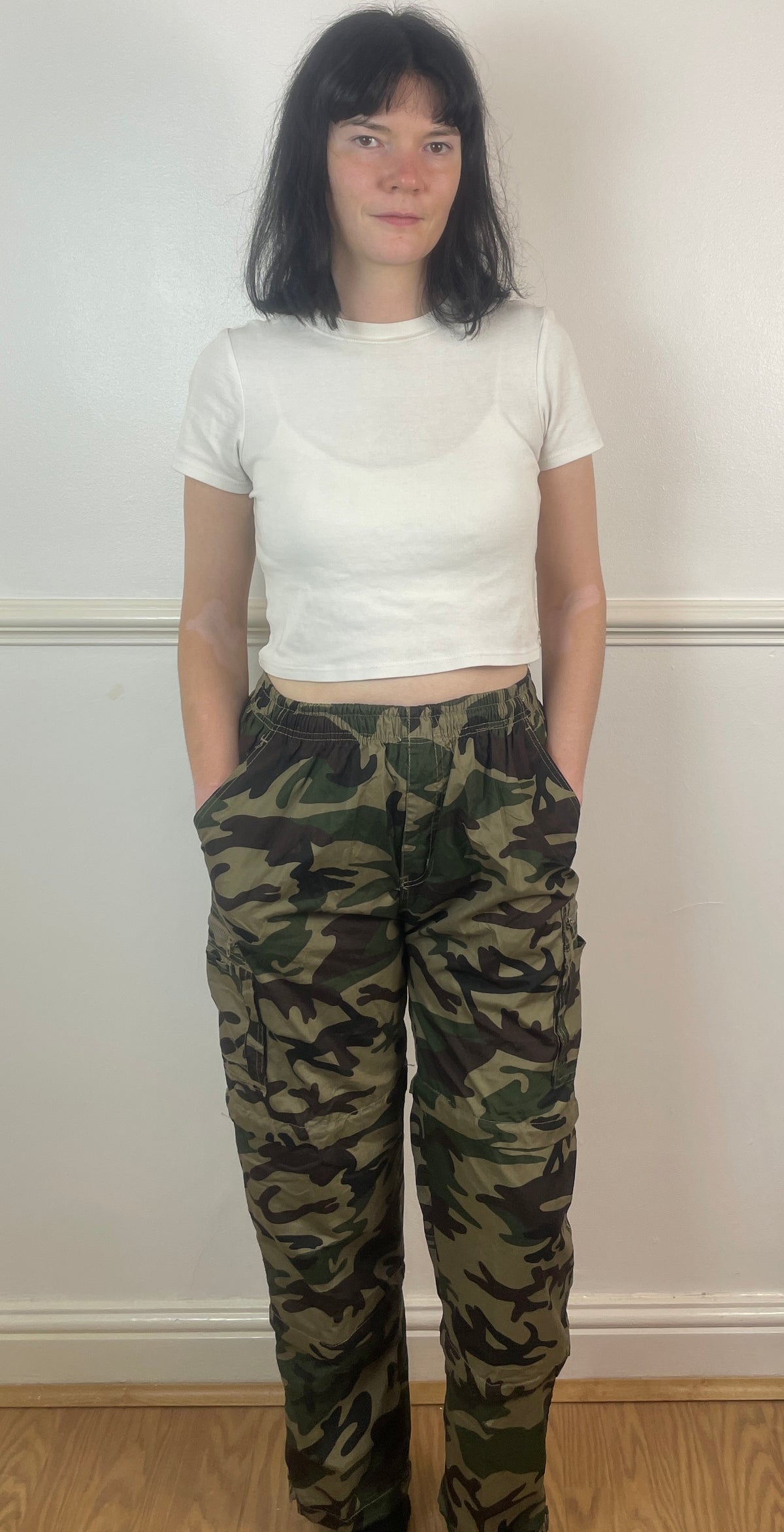 Vintage 90s Green and Brown Camouflage Elastic Waist Cargo Trousers - Size 10
