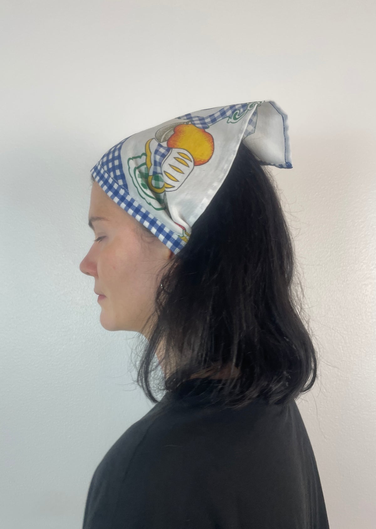 Handmade Blue Gingham Fruit Print Head Scarf Bandana