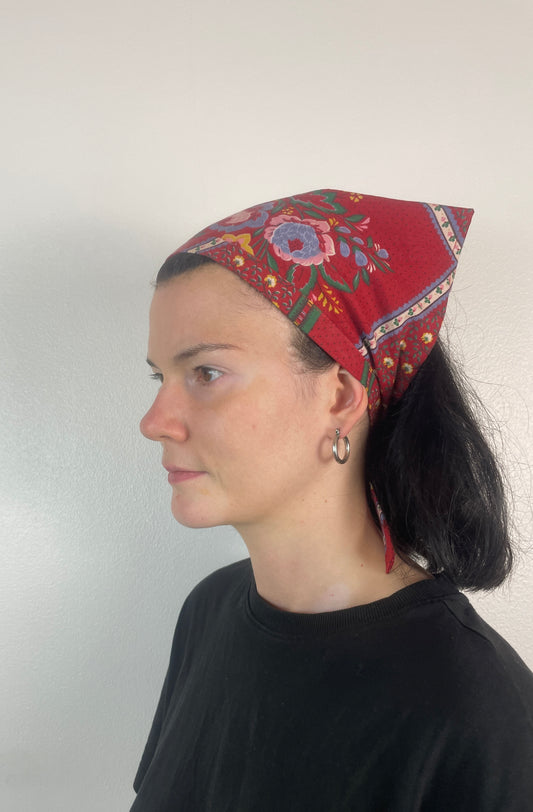 Handmade Red Floral Cotton Head Scarf Bandana