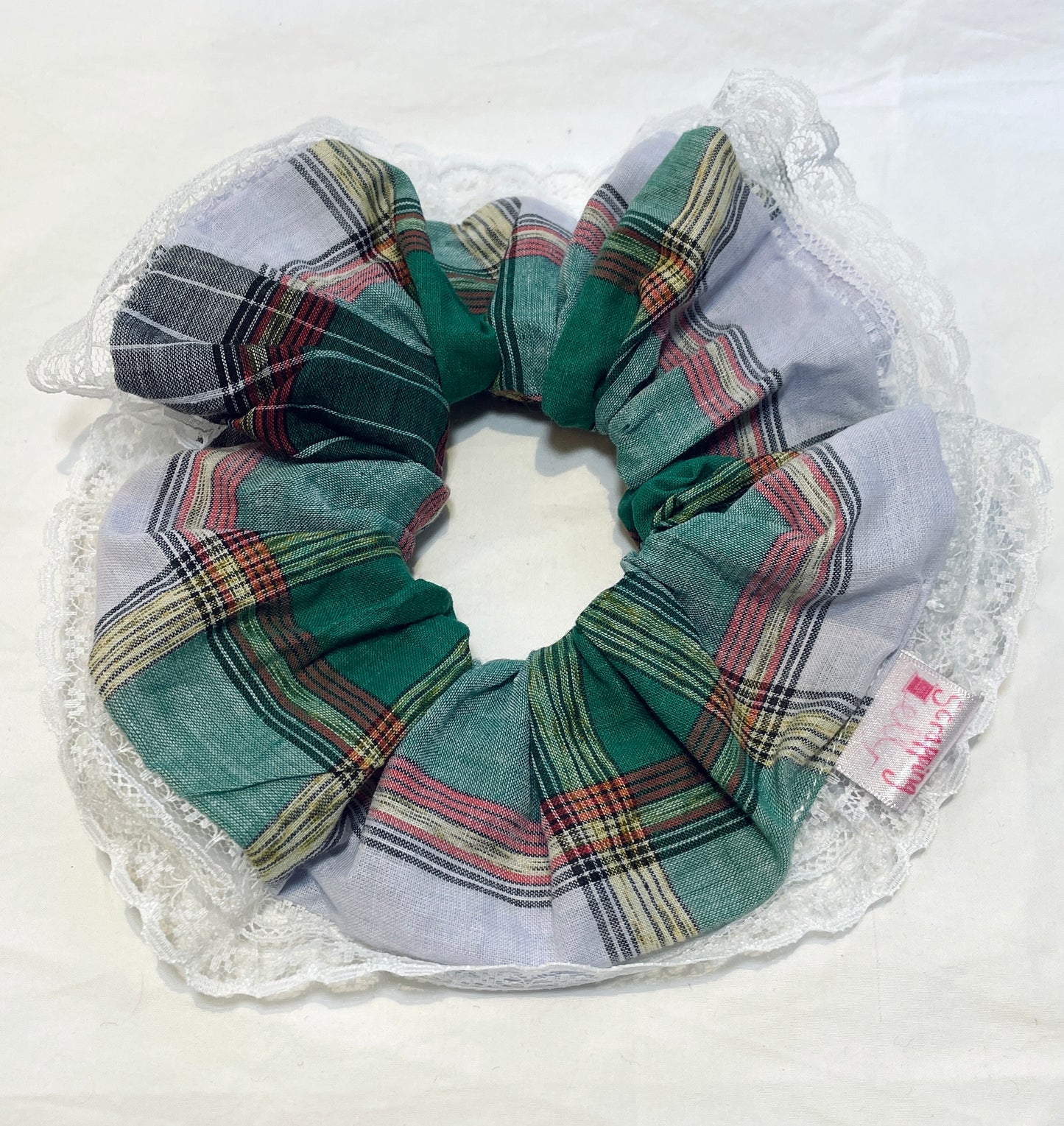 Handmade Green Linen with White Lace Trim Giant Scrunchie