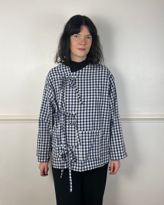 Handmade Navy Blue Gingham Asymmetric Tie Front Collarless Jacket - Size 14