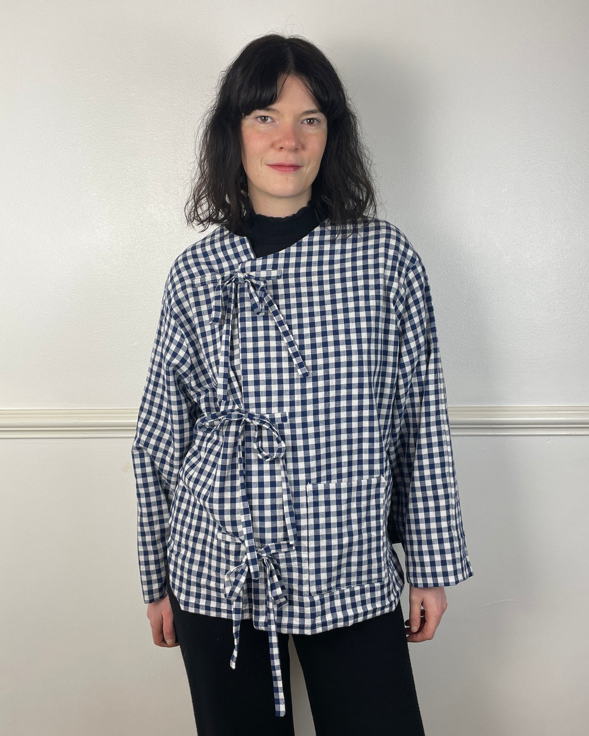 Handmade Navy Blue Gingham Asymmetric Tie Front Collarless Jacket - Size 14