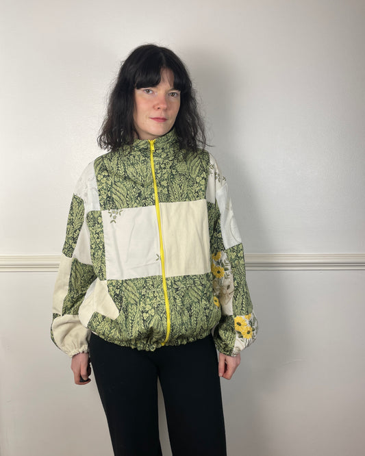 Handmade Green and White Cotton Patchwork Floral Embroidered Bomber Jacket - Size 12