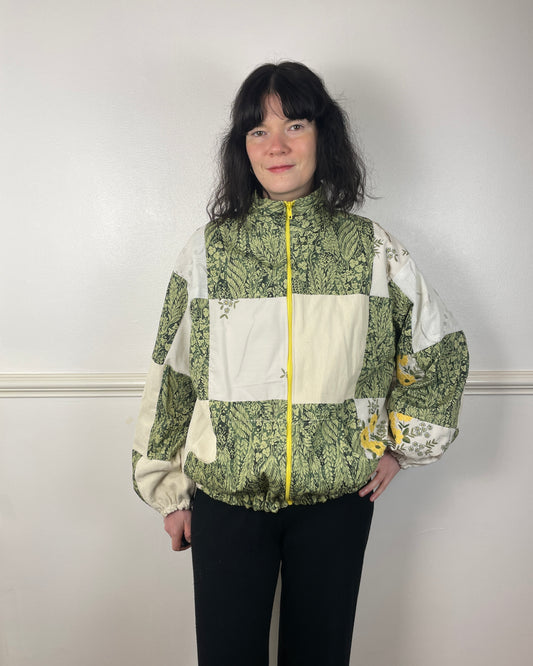 Handmade Green and White Cotton Patchwork Floral Embroidered Bomber Jacket - Size 12
