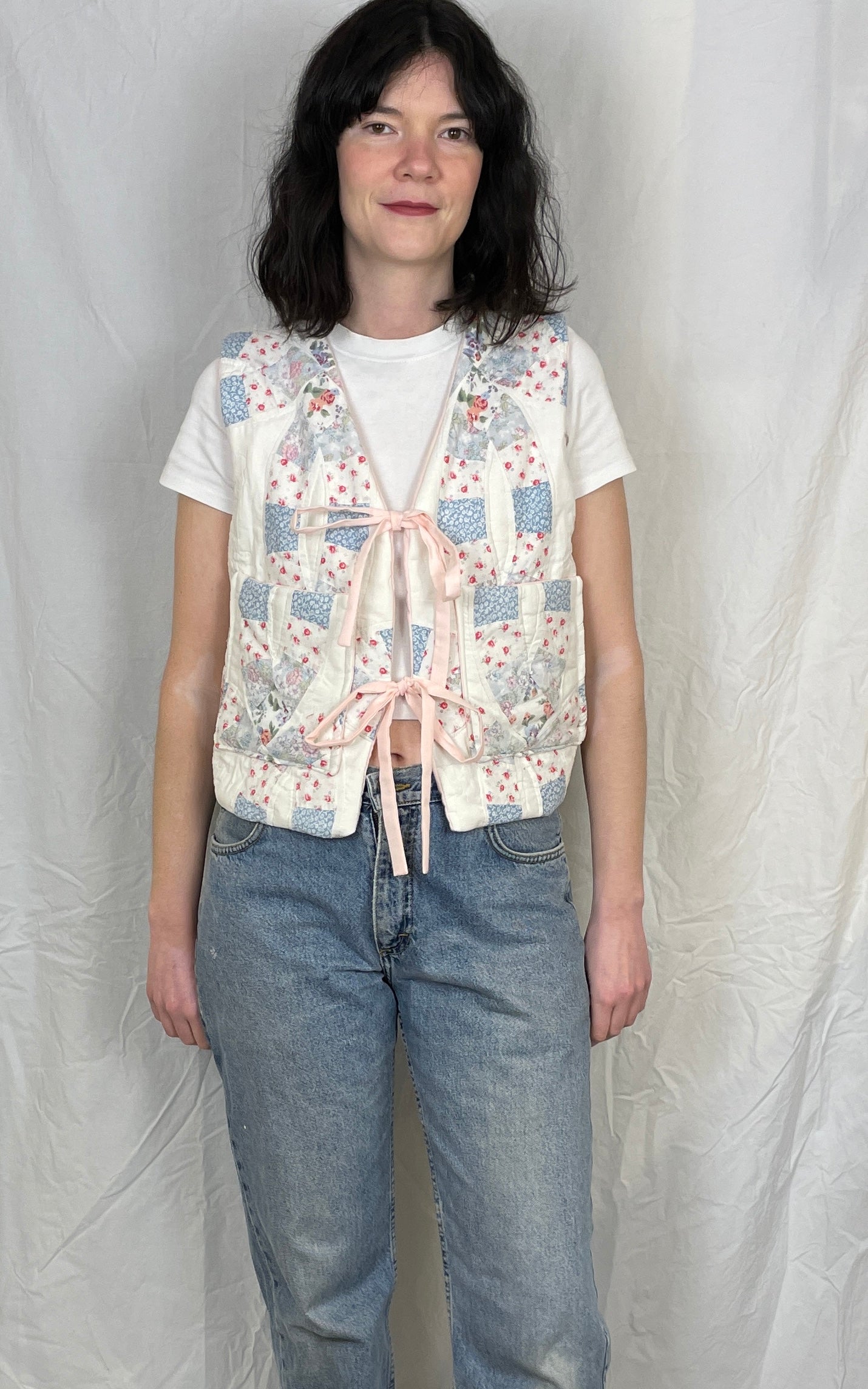 Zoe Handmade Pink and Blue Floral Tie Front Quilted Vest Gilet - Up To Size 10